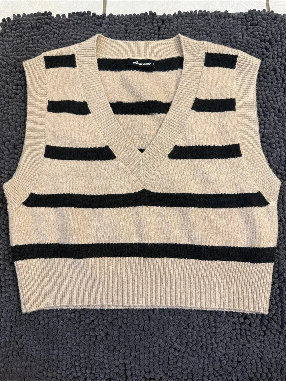 Striped V-Neck Cropped Sweater Vest in Beige and Black